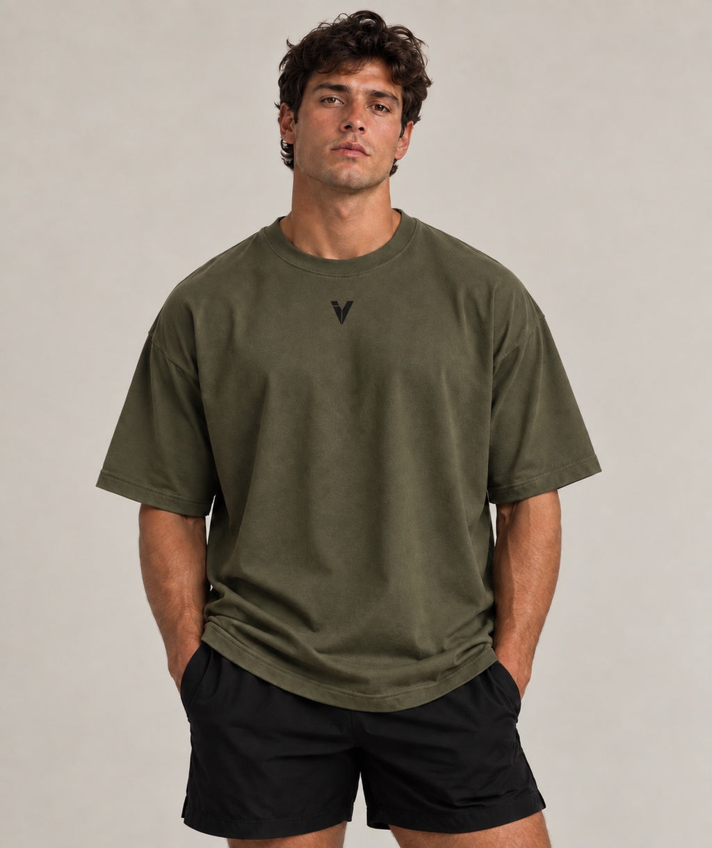 Army Green Inner Voice Heavy Tee, front view on model