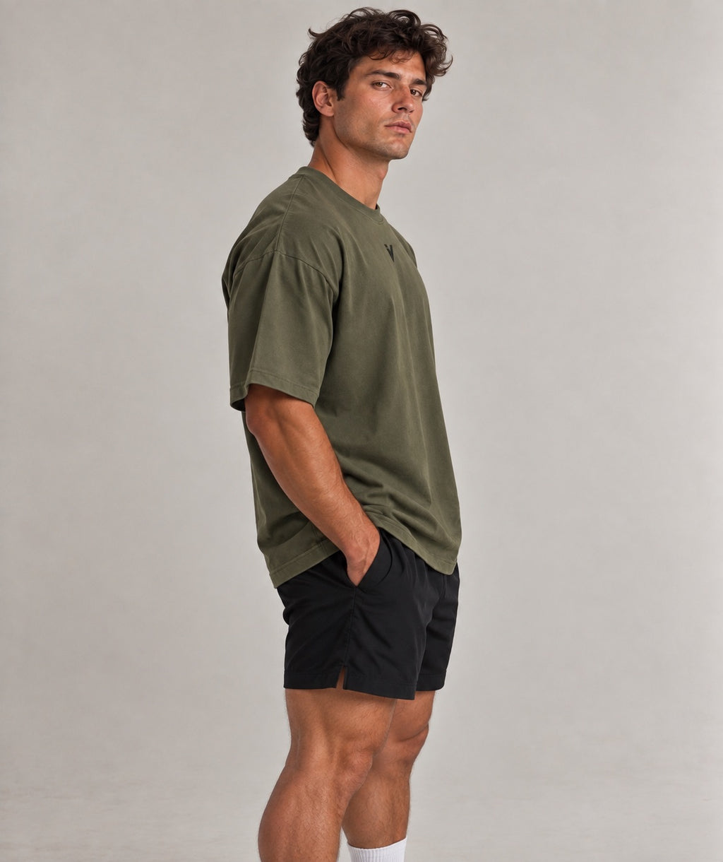 Army Green Inner Voice Heavy Tee, side view on model