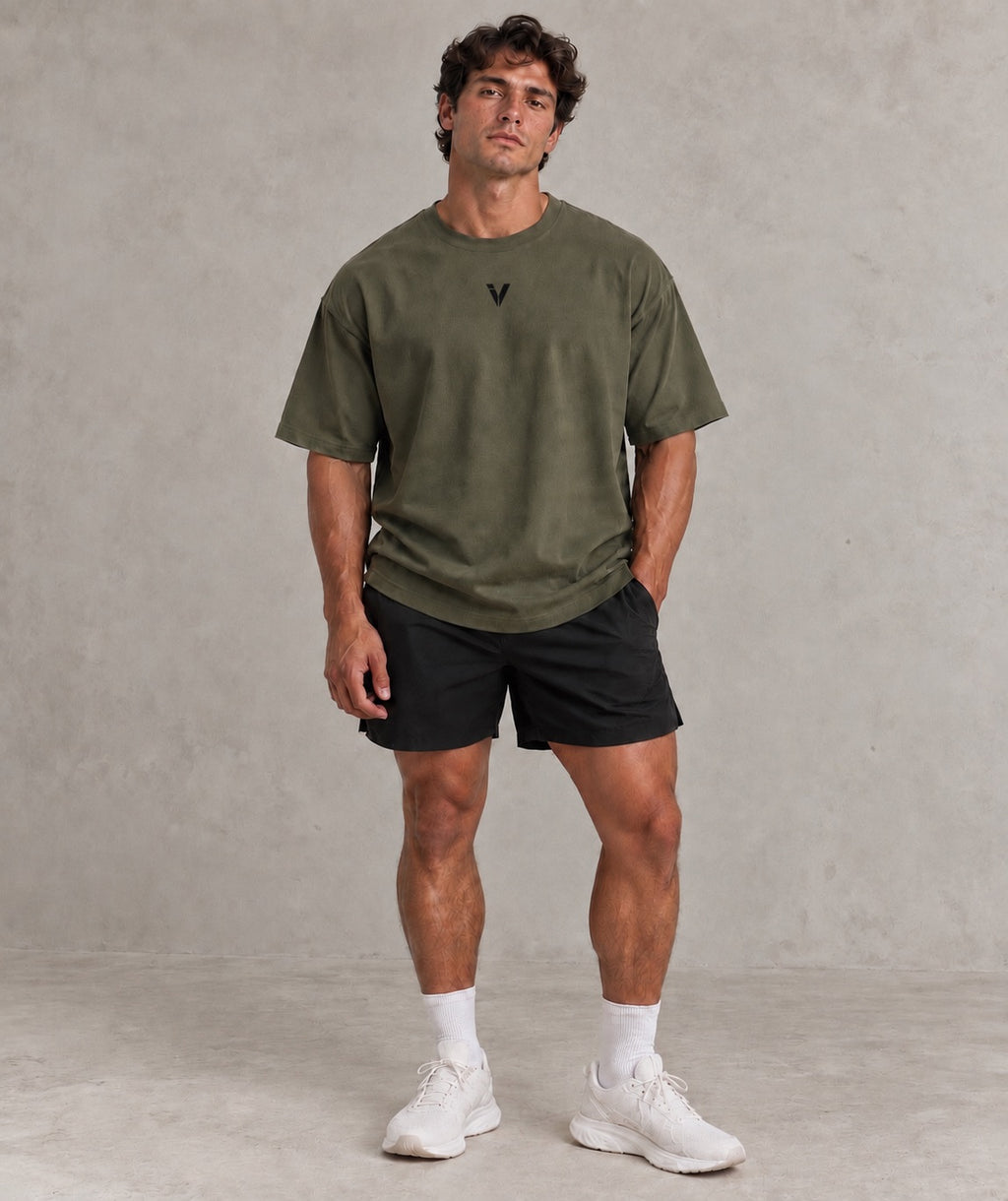 Army Green Inner Voice Heavy Tee, full-length model view