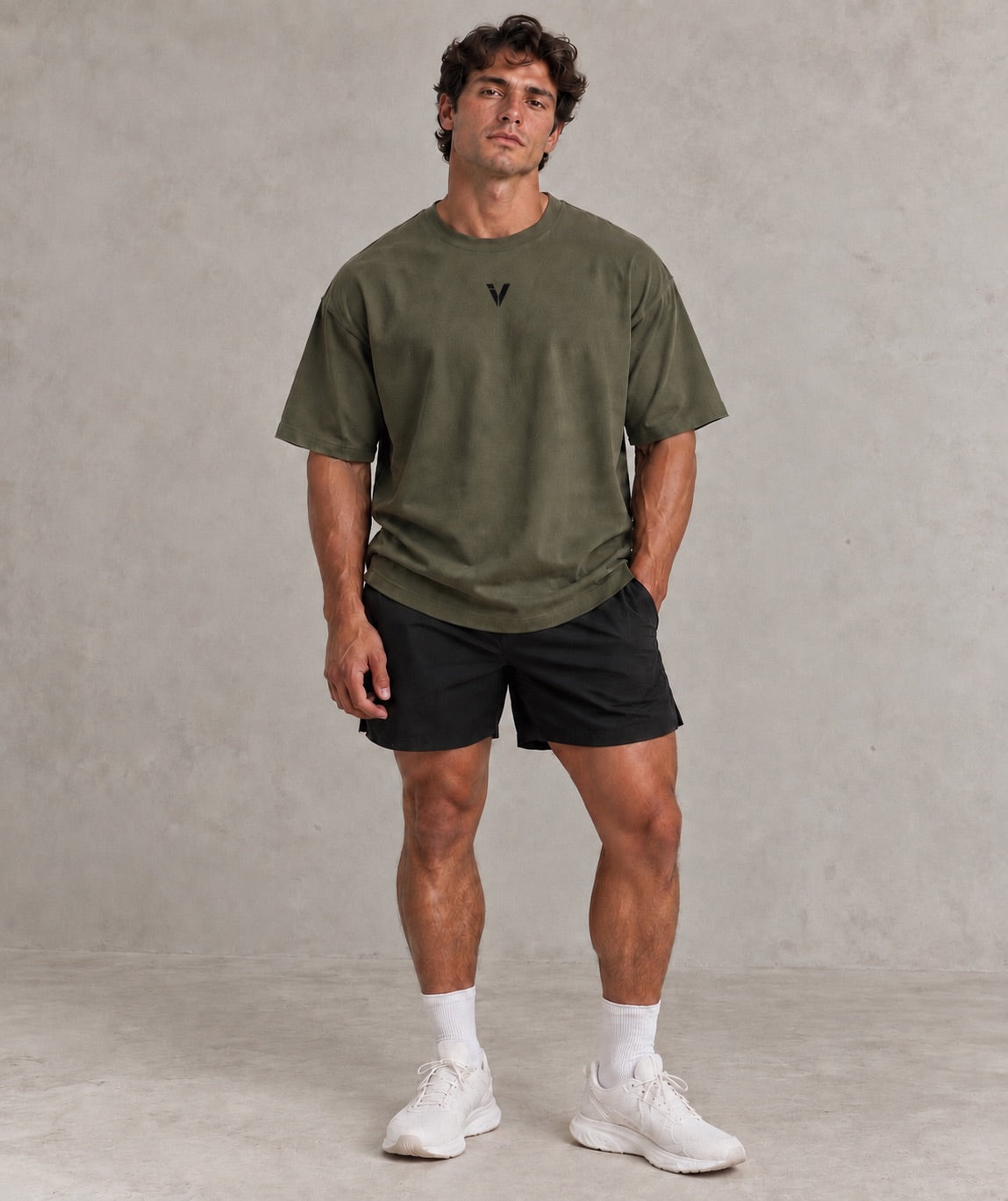 Army Green Inner Voice Heavy Tee, full-length model view